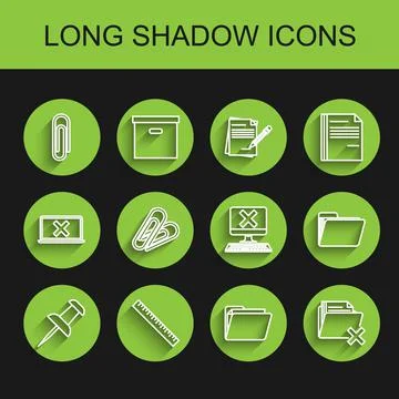 Set line Push pin, Ruler, Paper clip, Document folder, Delete, and Computer with Illustrazione stock