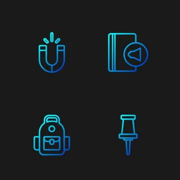Set line Push pin, School backpack, Magnet and Audio book. Gradient color icons Stock Illustration