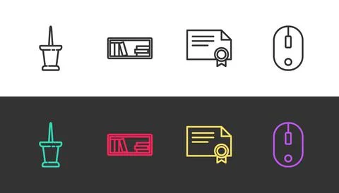 Set line Push pin, Shelf with books, Certificate template and Computer mouse on Illustrazione stock