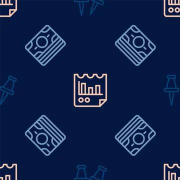 Set line Push pin, Stacks paper money cash and Document with graph chart on Stock Illustration