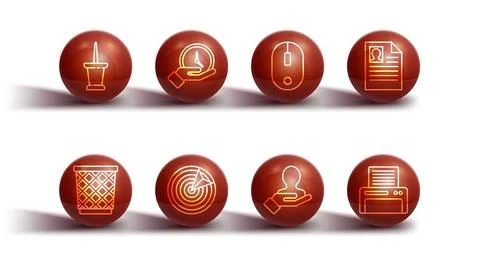 Set line Push pin, Trash can, Resume, Hand for search people, Target sport Stock Illustration