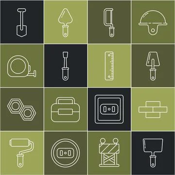 Set line Putty knife, Bricks, Trowel, Hacksaw, Screwdriver, Roulette construc Stock Illustration