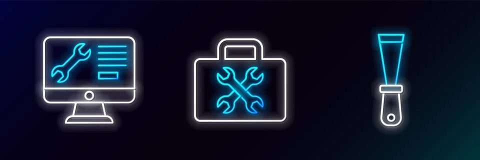 Set line Putty knife, Computer monitor service and Toolbox icon. Glowing neon Stock Illustration