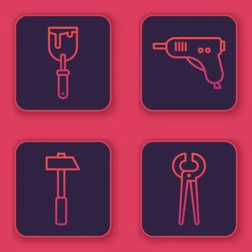 Set line Putty knife, Hammer, Electric hot glue gun and Pincers and pliers. Blue Stock Illustration