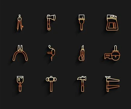Set line Putty knife, Sledgehammer, Drawing compass, Claw, Clamp tool, Hand d Stock Illustration