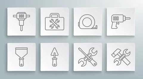 Set line Putty knife, Toolbox, Trowel, Screwdriver and wrench, Hammer, Roul.. Stock Illustration