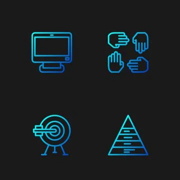 Set line Pyramid chart infographics, Target with arrow, Computer monitor and Illustrazione stock