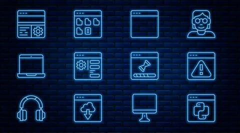 Set line Python programming language, Browser with exclamation mark, window Stock Illustration