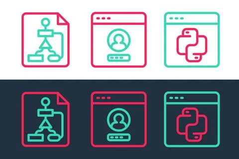 Set line Python programming language, Flowchart and Create account screen ico Stock Illustration