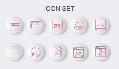Set line Python programming language, Browser window, Binary code, Online play Stock Illustration