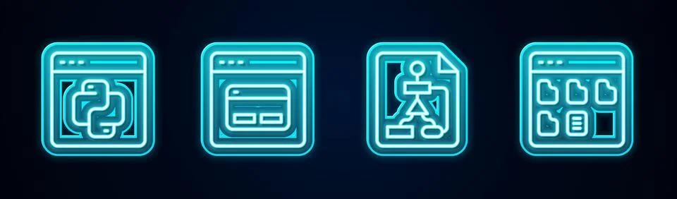 Set line Python programming language, Search engine, Flowchart and Browser files Stock Illustration