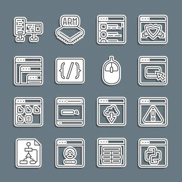 Set line Python programming language, Browser with exclamation mark, files Stock Illustration