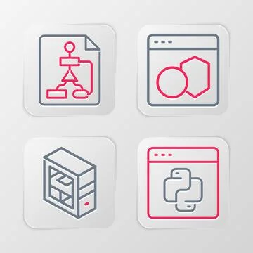 Set line Python programming language, Computer, Software and Flowchart icon.. Illustration