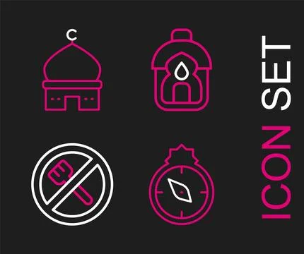 Set line Qibla, Ramadan fasting, Kareem lantern and Muslim Mosque icon. Vecto Stock Illustration