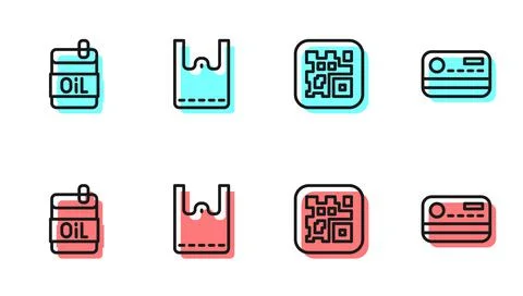 Set line QR code, Bottle of olive oil, Paper shopping bag and Credit card icon 스톡 일러스트