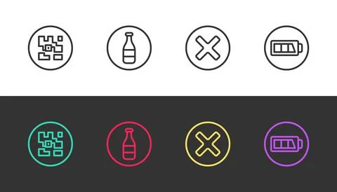 Set line QR code, Bottle, X Mark, Cross in circle and Battery on black and white Illustrazione stock