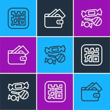 Set line QR code, Candy and Wallet with money icon. Vector Stockillustratie