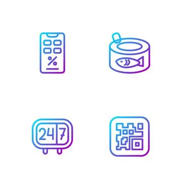 Set line QR code, Clock 24 hours, Percent discount and mobile and Canned fish Stock Illustration