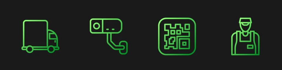 Set line QR code, Delivery cargo truck, Security camera and Seller. Gradient Illustrazione stock
