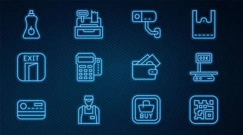 Set line QR code, Electronic scales, Security camera, POS terminal with credit Illustrazione stock