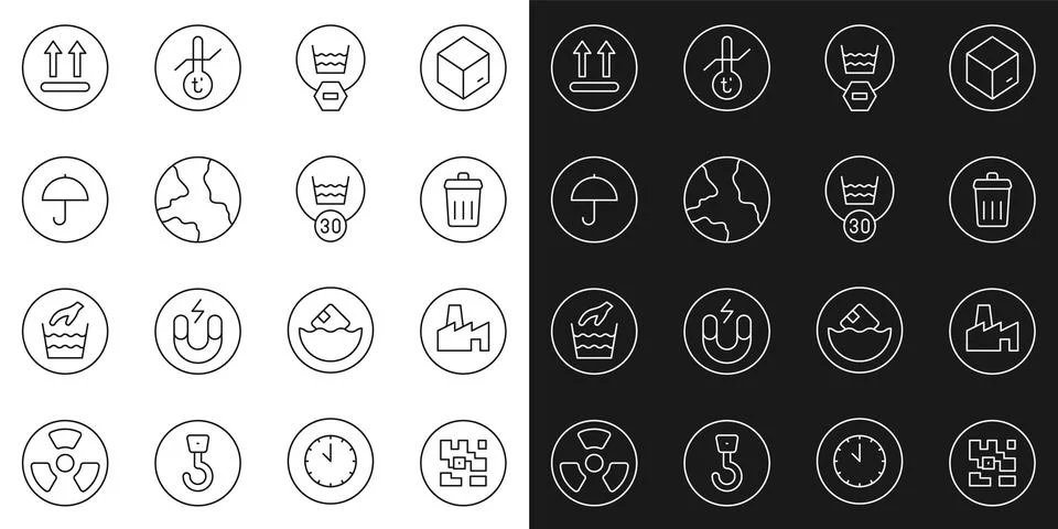 Set line QR code, Factory production, Trash can, Delicate wash, Worldwide Ilustración de archivo