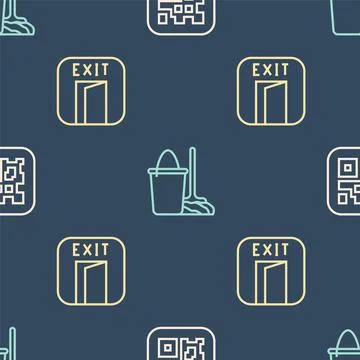 Set line QR code, Fire exit and Mop and bucket on seamless pattern. Vector Stockillustratie
