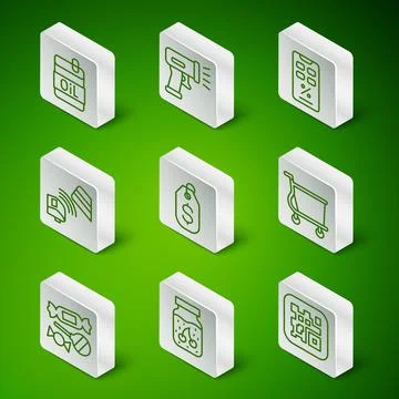 Set line QR code, Jam jar, Bottle of olive oil, Price tag with dollar, POS 스톡 일러스트