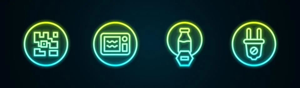 Set line QR code, Microwave oven, Lactose free and Electric plug. Glowing neon Stock Illustration