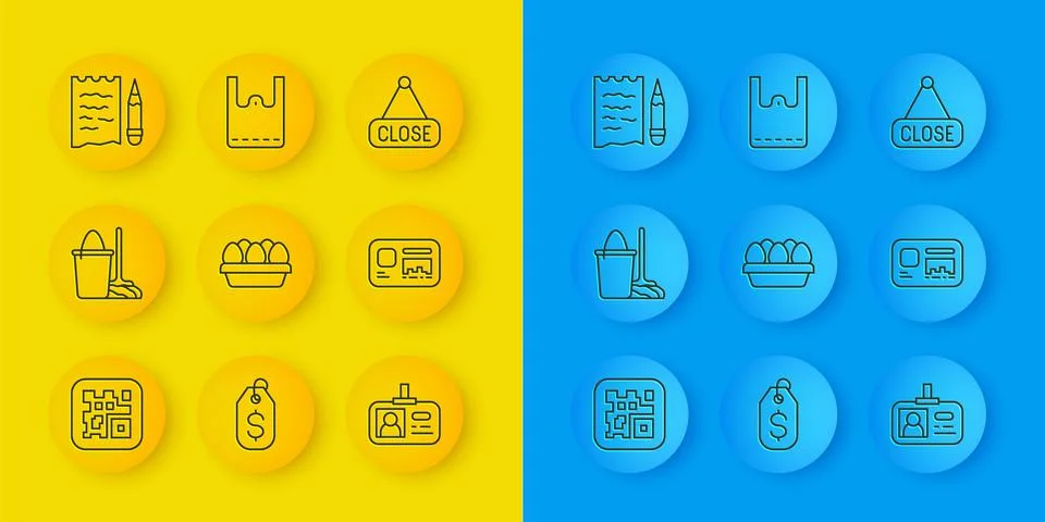 Set line QR code, Mop and bucket, Chicken egg in box, Identification badge,.. Stock Illustration