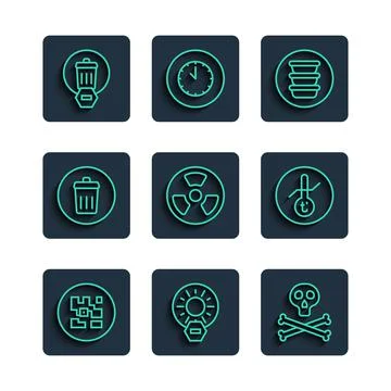 Set line QR code, No direct sunlight, Bones and skull warning, Bowl, Radioactive Illustrazione stock