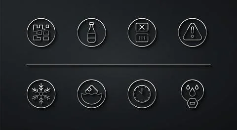 Set line QR code, Snowflake, Exclamation mark in triangle, Clock, Carton Stock Illustration