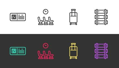 Set line QR code ticket train, Waiting room, Suitcase and Railway, railroad Stock Illustration