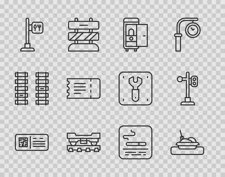 Set line QR code ticket train, Plate with food, Toilet the car, Cargo wagon,  Stock Illustration