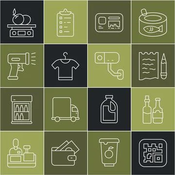 Set line QR code, Whiskey bottle, Shopping list and pencil, Identification ba 스톡 일러스트