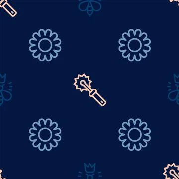 Set line Queen bee, Flower and Cutter roll for honey on seamless pattern. Vector Stock Illustration