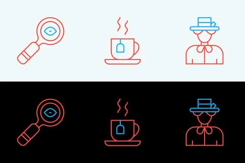 Set line Queen Elizabeth, Magnifying glass and Cup of tea with tea bag icon.. Stock Illustration