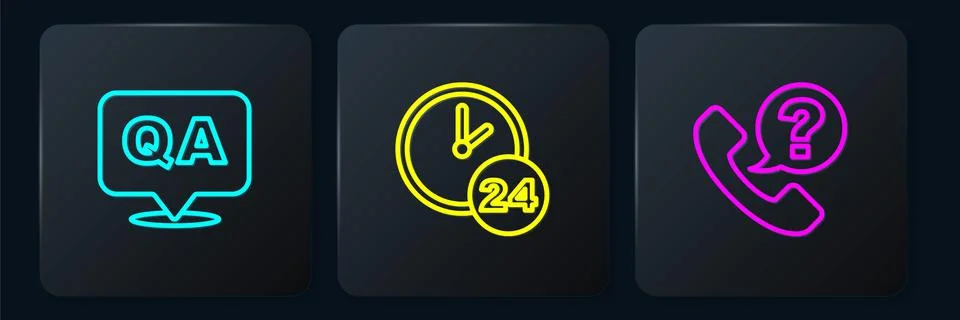 Set line Question and Answer, Telephone 24 hours support and Clock. Black square 스톡 일러스트