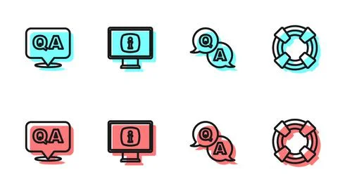 Set line Question and Answer, , Monitor with information and Lifebuoy icon 库存插图