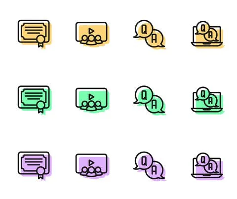 Set line Question and Answer, Certificate template, Online class and icon Stock Illustration