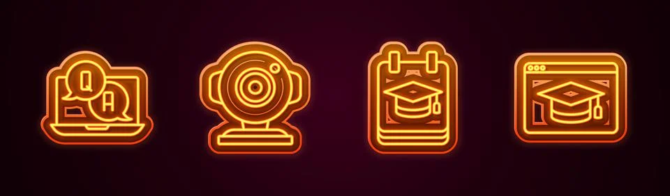 Set line Question and Answer, Web camera, Online education and . Glowing neon Stock Illustration