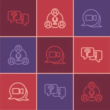 Set line Question and Answer, Video chat conference and Meeting icon. Vector Stock Illustration