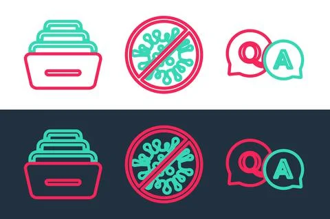 Set line Question and Answer, Drawer with documents and Stop virus, bacteria Stock Illustration