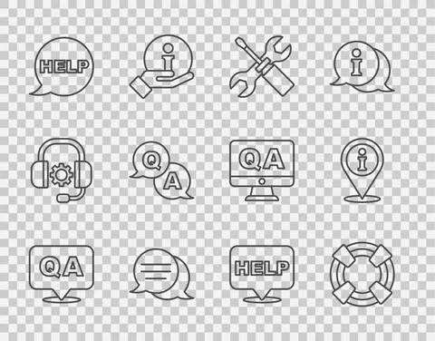 Set line Question and Answer, Lifebuoy, Screwdriver wrench spanner, Speech Stock Illustration