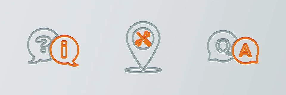 Set line Question and Answer, Exclamation and Location service icon. Vector Stock Illustration