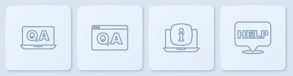 Set line Question and Answer, Laptop with information, and Speech bubble text Stock Illustration