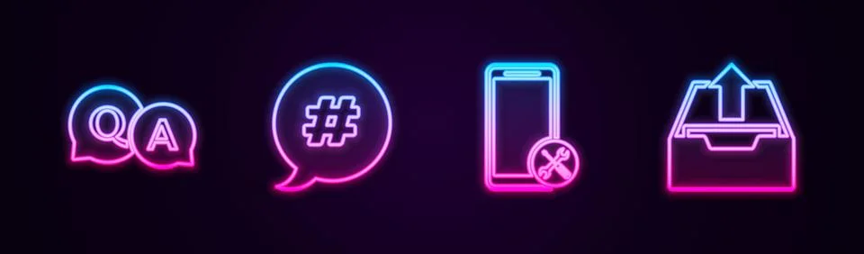 Set line Question and Answer, Hashtag speech bubble, Mobile service and Upload イラスト素材