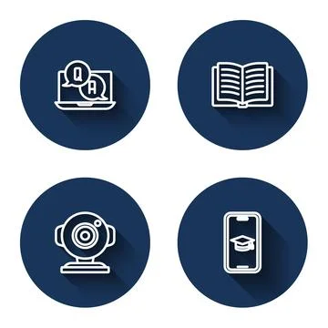 Set line Question and Answer, Open book, Web camera and Graduation cap mobile 스톡 일러스트