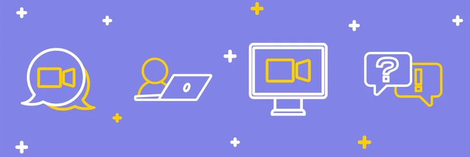 Set line Question and Answer, Video chat conference, and icon. Vector Stock Illustration