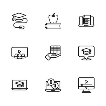 Set line Question and Answer, Graduation cap in speech bubble, Online play .. Stock Illustration