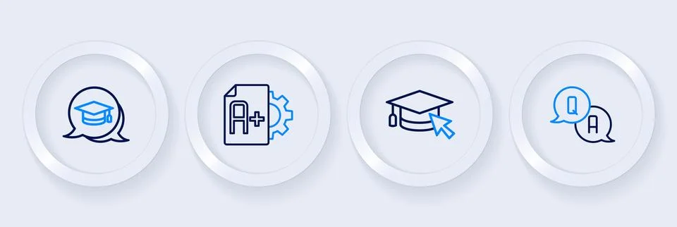 Set line Question and Answer, Graduation cap with cursor, Exam sheet plus g.. Stock-Illustration